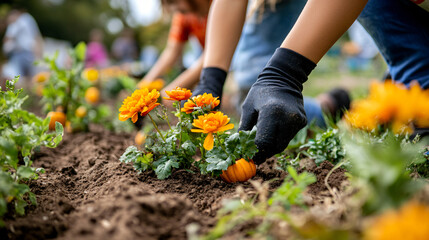 Fototapeta premium A community garden project where kids plant Halloween-themed flowers for Trick-or-Treating season.