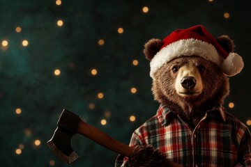 A cheerful, festive bear happily dressed in Christmas attire while holding an axe