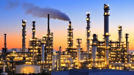 Obraz premium Illuminated industrial manufacturing plant at night with chimneys emitting steam