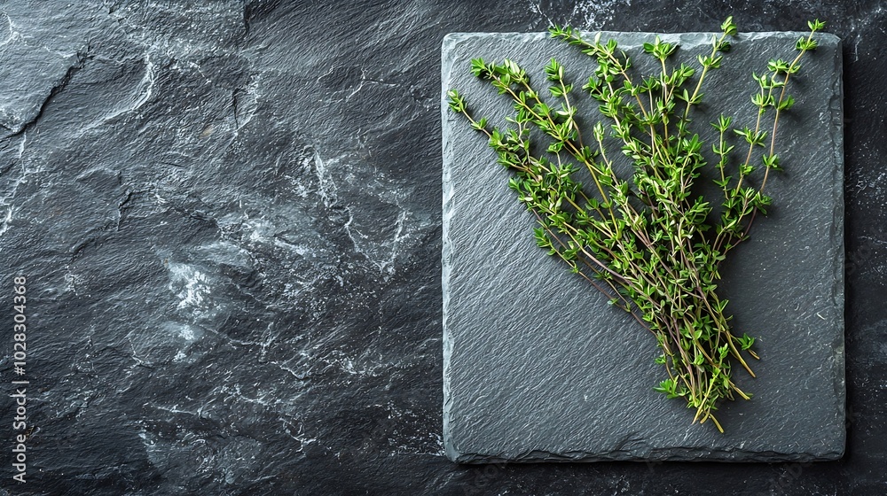 Poster Fresh thyme bunch on slate background Copy space Top view : Generative AI