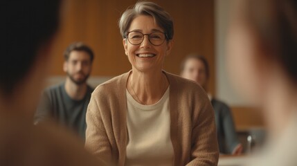Obraz premium Happy mature old female mentor coach laughing training young interns at group office meeting professional workshop. Cheerful middle aged teacher professor talking to students at university seminar.