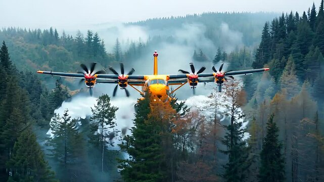 A courageous aircraft glides over a dense forest, releasing torrents of water to combat a fierce blaze below. Witness the heroic efforts to save nature and protect wildlife.