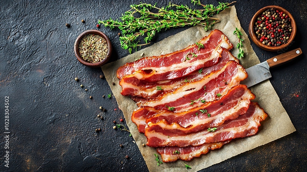 Aufkleber Raw bacon slices with herbs spices and knife on parchment paper Grey background Copy space Top view : Generative AI