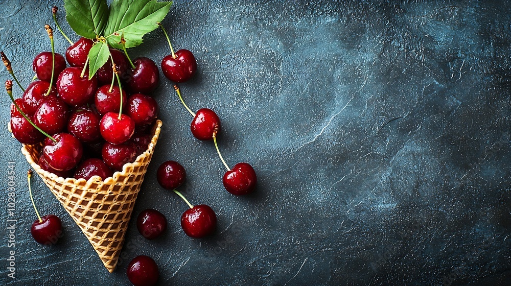 Poster cherries in waffle cone on blue stone background top view copy space : generative ai