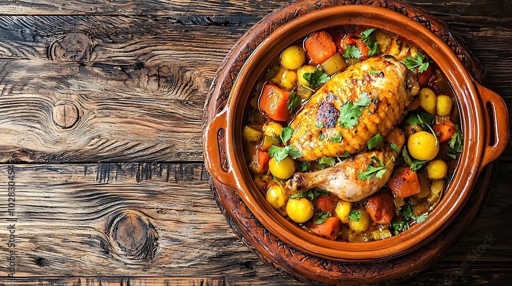 Poster tagine with cooked chicken and vegetables wooden background copy space top view : generative ai