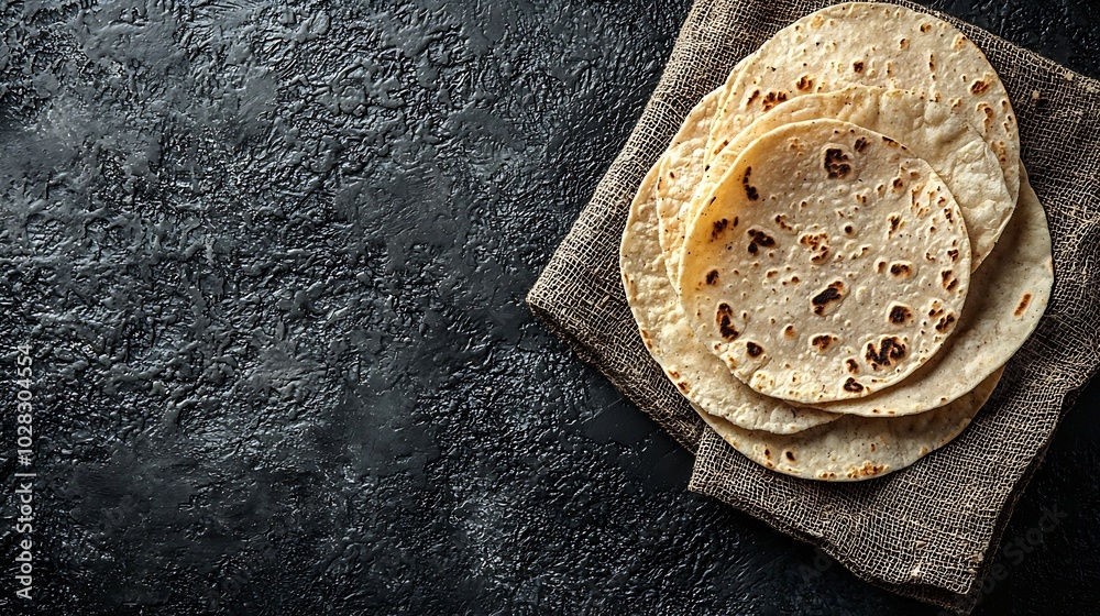 Poster tortillas flat breads on grey textile background copy space top view : generative ai