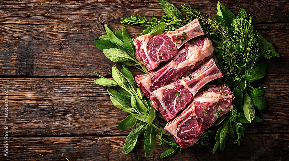 Poster raw meat mutton lamb rack with fresh herbs on a wooden background copy space top view : generative a
