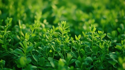 Fototapeta premium Alfalfa Field with Young Growing Plants and Green Foliage Background
