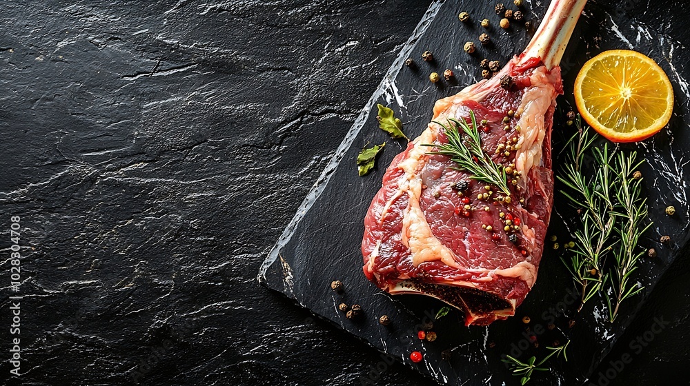 Poster raw lamb leg with spices and herbs on marble cutting board dark background top view : generative ai