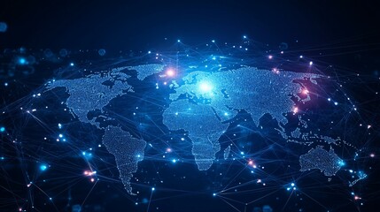 A glowing world map with interconnected nodes and lines representing a global network.