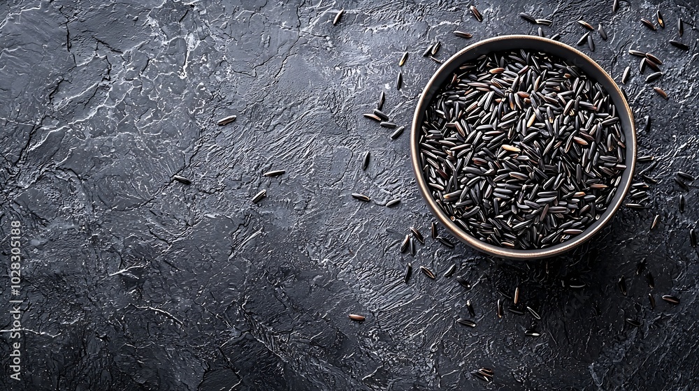 Aufkleber black wild rice in a bowl grey stone background copy space top view : generative ai