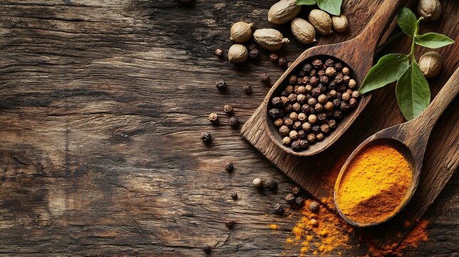 Wooden cutting board and spoon with spices cumin carry turmeric coriander seeds on a old wooden table Background text copy space : Generative AI