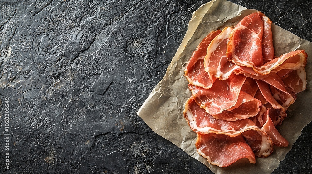 Aufkleber Raw bacon slices on parchment paper Grey slate background Copy space Top view : Generative AI