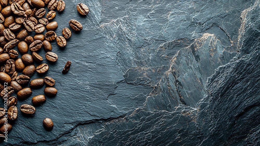 Poster Coffee beans on slate background Top view Copy space : Generative AI