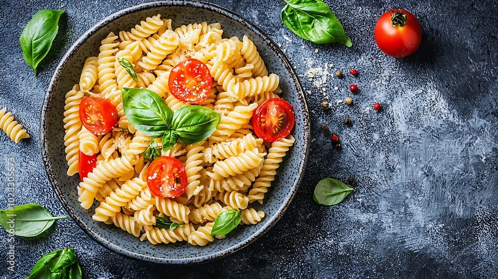 Poster Pasta fusilli with mozzarella cheese tomatoes and basil Grey background Top view : Generative AI