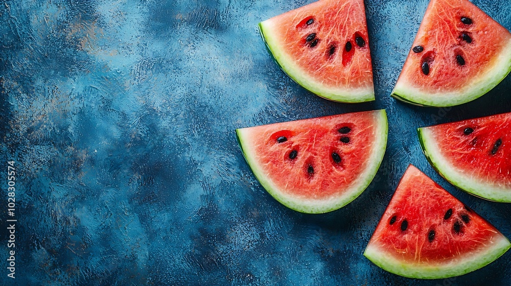 Poster fresh watermelon slices on blue table background close up : generative ai