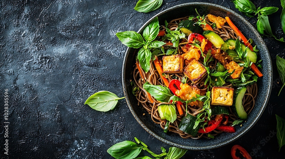 Poster Soba noodles with vegetables and fried tofu in a bowl Grey background Top view Close up : Generative AI