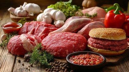 A table full of fresh, raw meat: ground beef for burgers, pork, chicken, and turkey. It looks delicious and ready for cooking!
