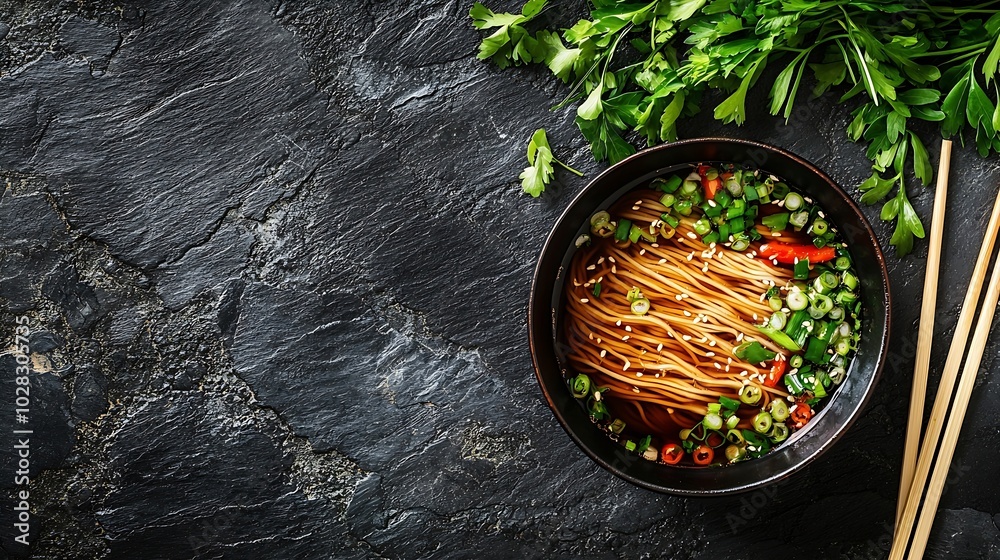 Poster soba noodles on a black bowl with wooden chopsticks slate background top view : generative ai
