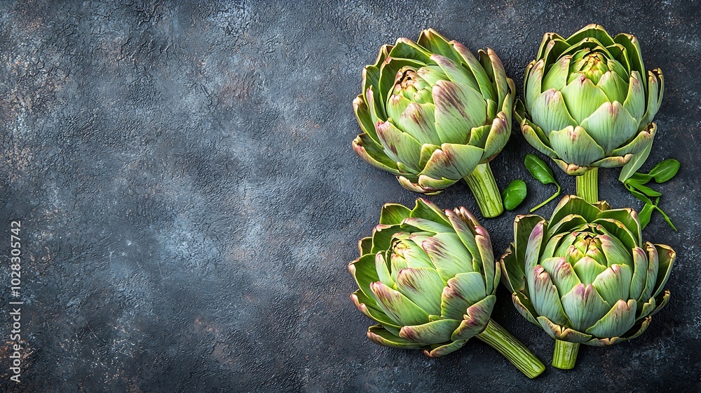 Poster artichokes hearts dark marble background copy space top view : generative ai