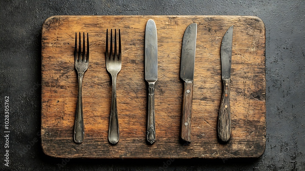 Poster cutting board with cutlery fork and knife grey background top view : generative ai