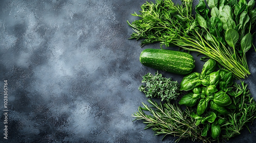 Poster assortment of fresh herbs grey background copy space top view : generative ai