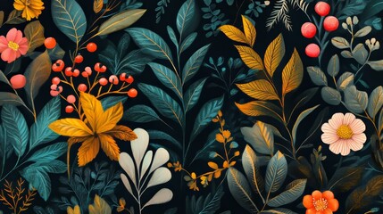 A design with plants and flowers on a black background.