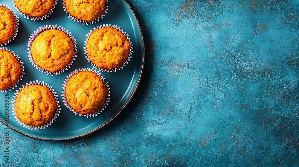 Poster healthy vegan carrot muffins with ricotta cheese on a plate blue background copy space top view : ge
