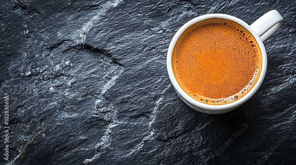 Poster coffee in white cup on black slate background top view : generative ai