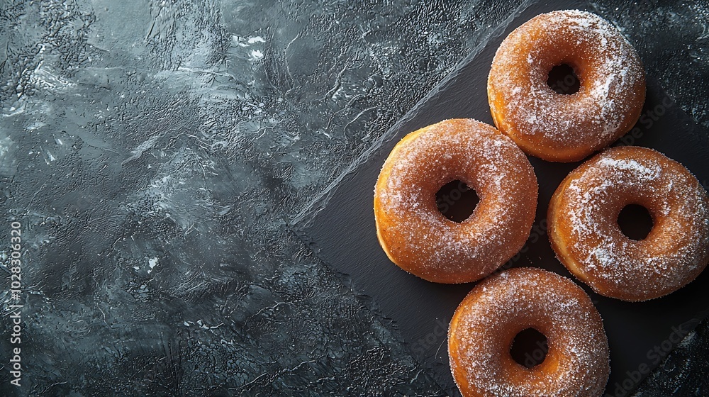 Poster donuts with sugar powder on slate board flat lay composition copy space top view : generative ai