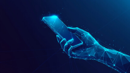 A hand holds a smartphone, with a blue, geometric background. This design uses a low-poly style to represent the idea of 5G wireless technology and its connection structure.