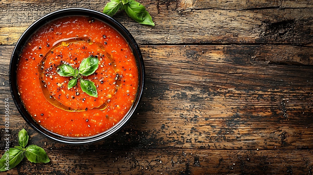 Poster tomato soup in a black bowl on wooden background top view copy space : generative ai