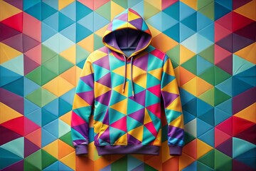 Colorful hoodie mockup with geometric pattern against vibrant background