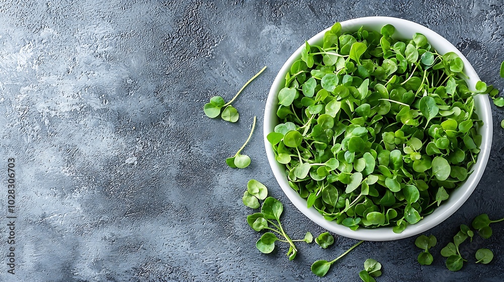 Aufkleber micro herbs watercress salad in white bowl grey background copy space top view : generative ai