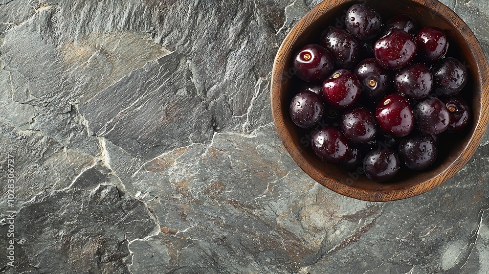 Poster fresh ripe black cherries in vintage backing dish on a stone background copy space top view : genera