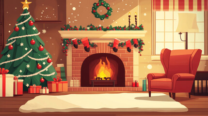 A magical Christmas interior featuring a glowing tree, a crackling fireplace, and neatly wrapped gifts. The warm, festive ambiance creates a cozy, holiday atmosphere.



