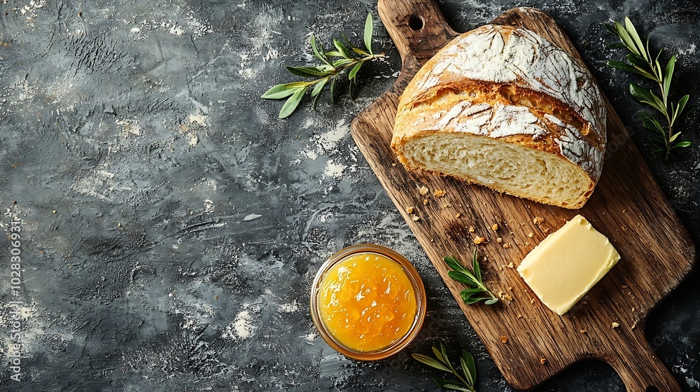 Poster sourdough bread on wooden cutting board with butter and orange jam grey background top view : genera