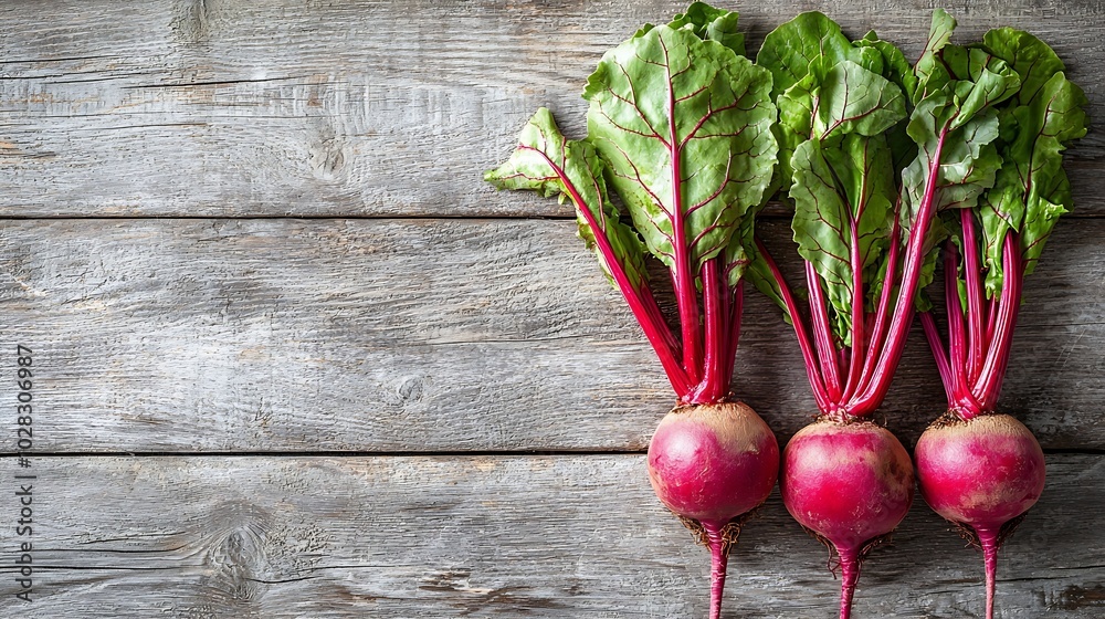 Poster beet beetroot bunch on grey wooden background top view copy space : generative ai