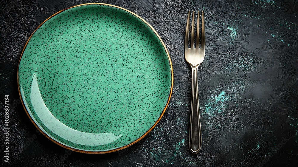 Leinwandbilder plate with fork and knife dark background copy space top view : generative ai