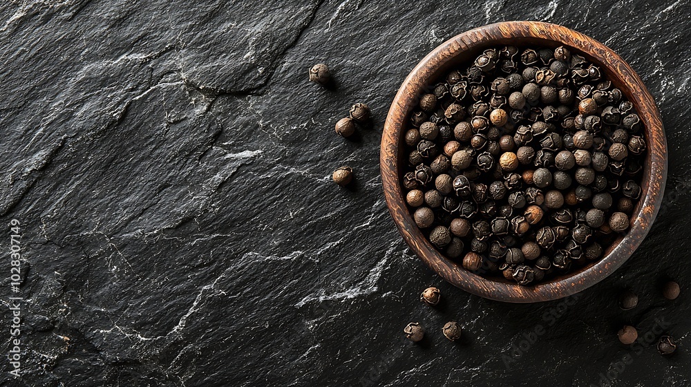 Poster black pepper peppercorns in bowl grey slate background copy space top view : generative ai