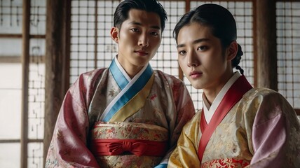 chinese couple in traditional clothing stand together and make pictures facing each other 
