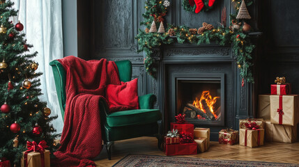 A cozy Christmas interior featuring a fireplace, a beautifully decorated Christmas tree, a green chair draped with a red blanket, and neatly wrapped gifts beneath the tree.



