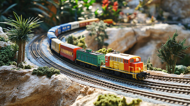 A colorful model train set up in a detailed miniature landscape.