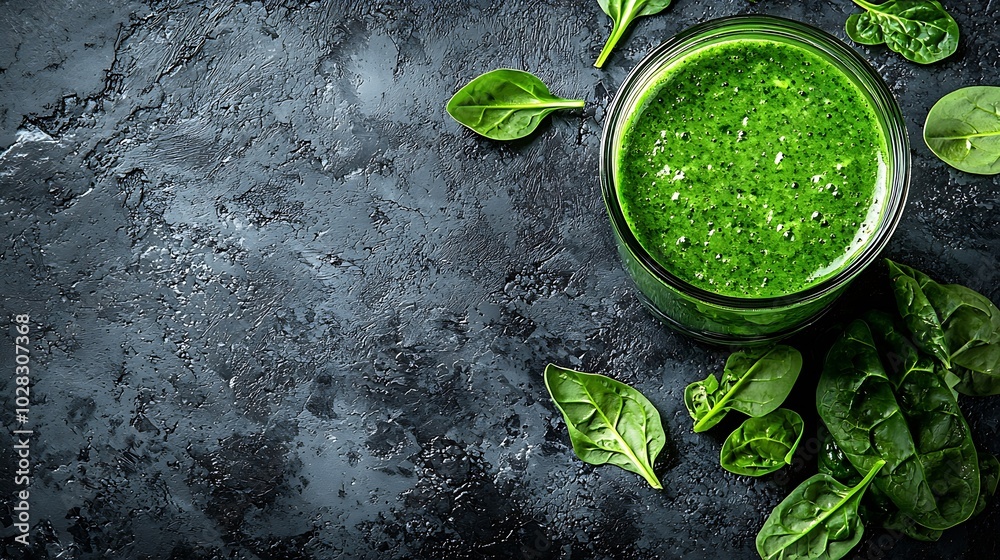 Aufkleber spinach smoothie healthy drink in glass jar on grey stone background copy space top view : generativ