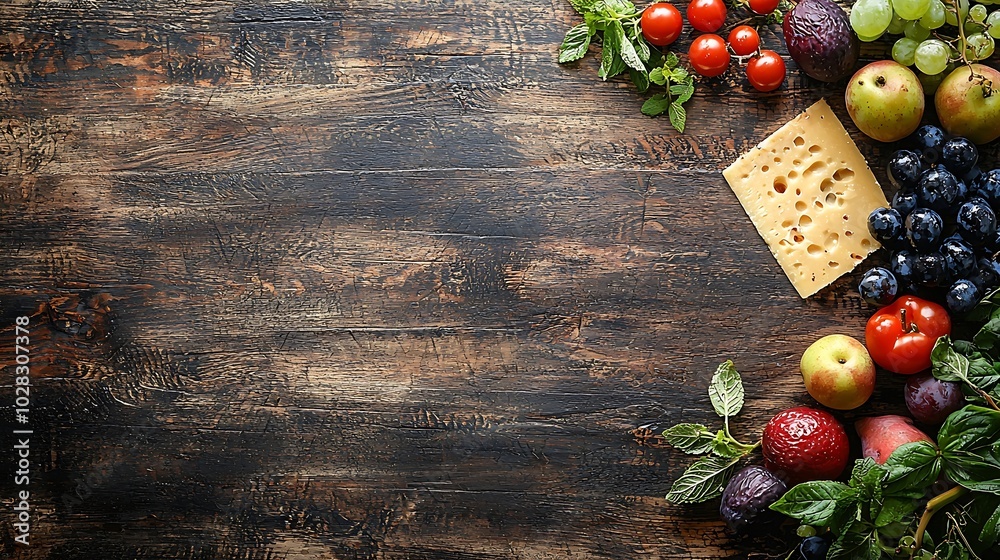 Poster cheese and fruits assortment on cutting board on wooden background copy space top view : generative 
