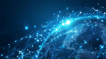 Abstract Representation of a Global Network with Glowing Lines and Nodes