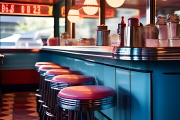 old-fashioned diner from the 1950s with chrome barstools and neon signs, bathed in soft, faded pink and blue hues