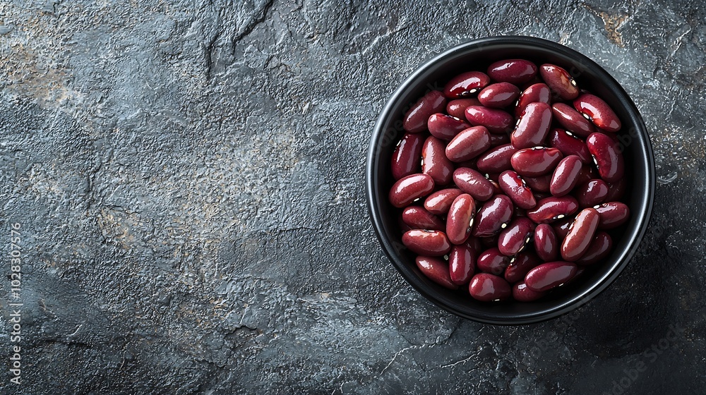 Poster red kidney beans in a black bowl on grey stone background copy space top view : generative ai