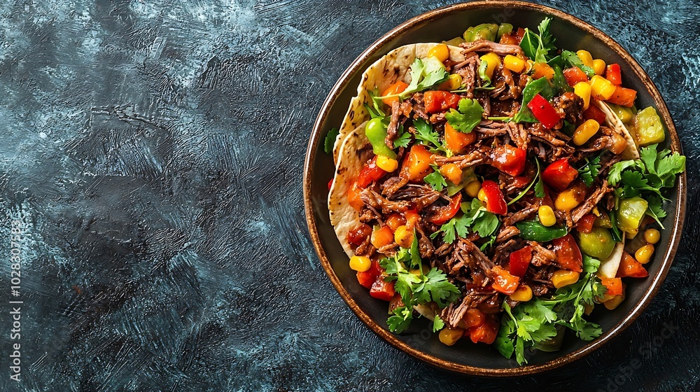 Poster mexican shredded beef with tortillas vegetables and sauce grey background copy space top view : gene