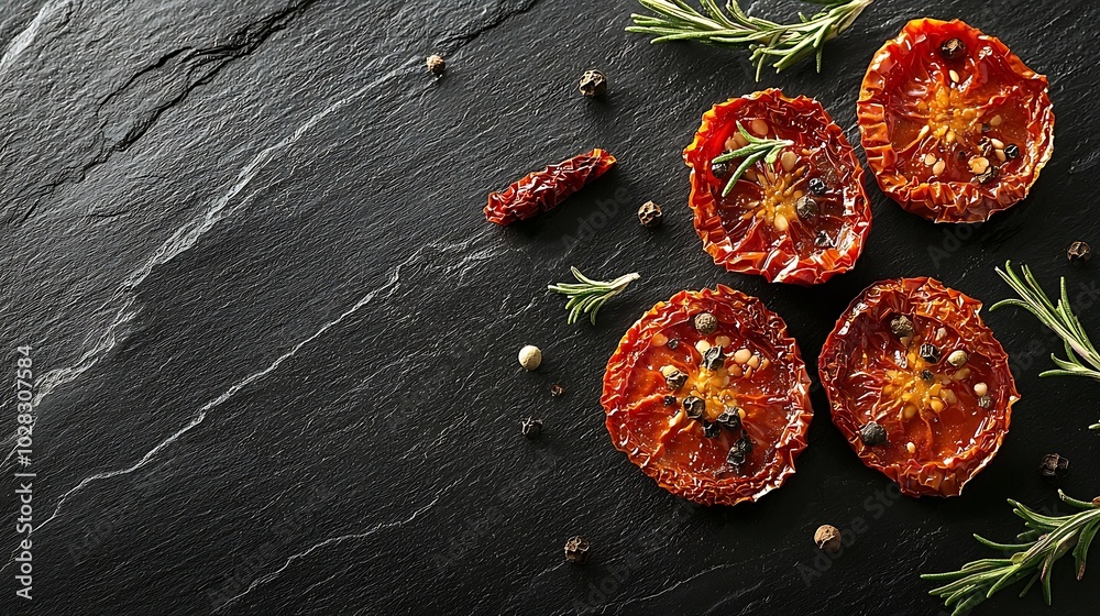 Poster sun dried tomatoes with fresh herbs and spices slate background close up top view : generative ai